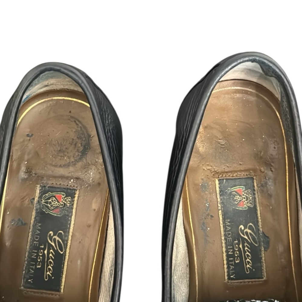 Gucci vintage MEN'S HORSEBIT 1953 LOAFERS Black Leather with Gold Detail Sz 9 - Picture 4 of 11